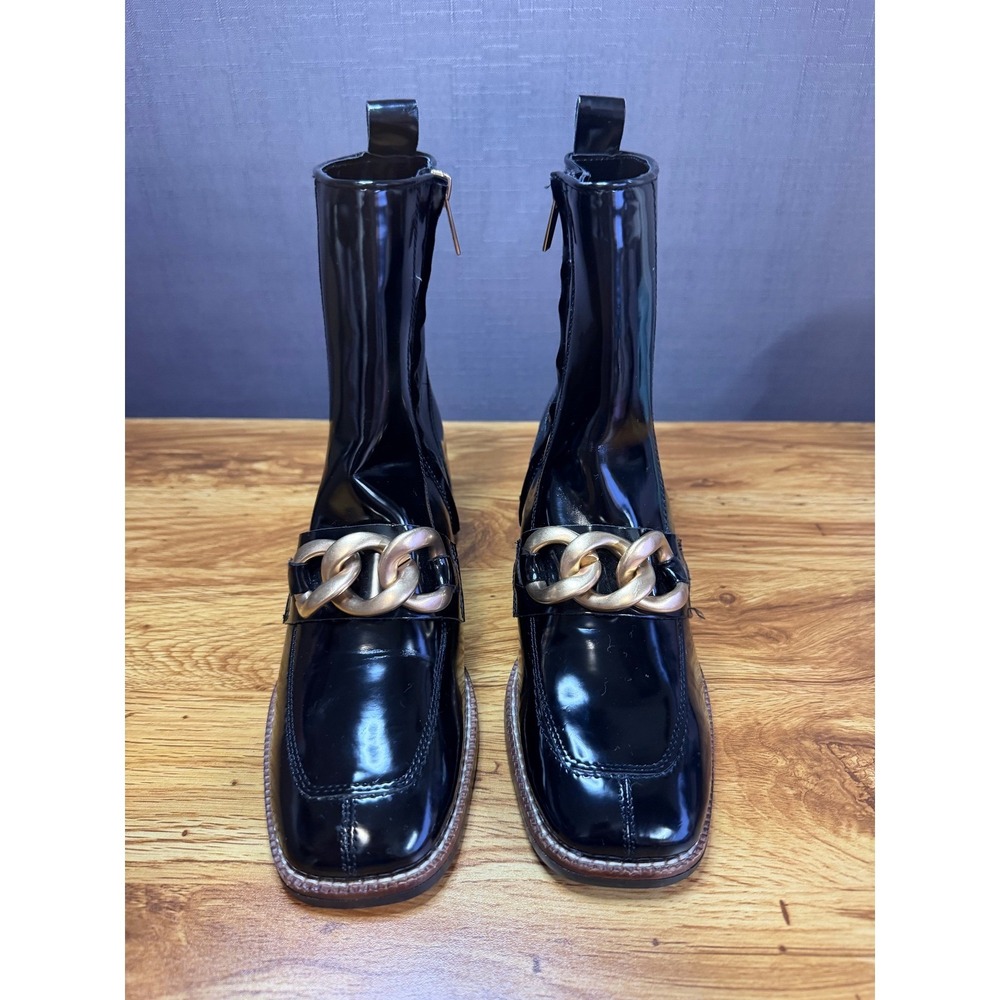Steve Madden Loreen Black‎ Patent Leather Chain Link Block Heel Boots Sz 7.5